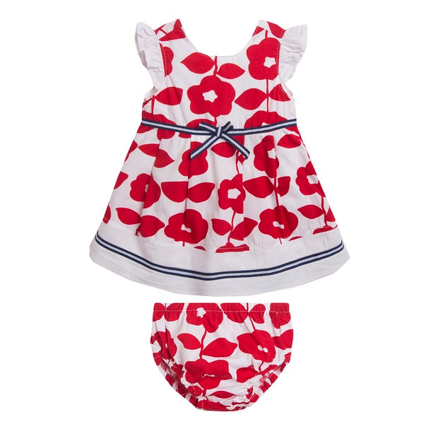 Vestido Español para bebé  estampado flores rojas y braguita a juego  LOREA
